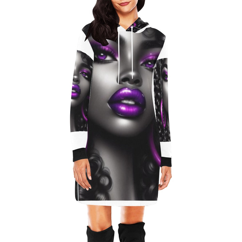Black & White W Purple All Over Print Hoodie Mini Dress
